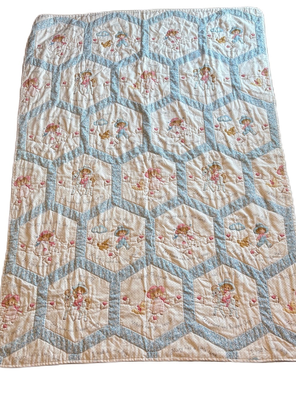 Vintage Nursery Rhyme Handmade White Light Blue Hexagon Patchwork Baby Quilt